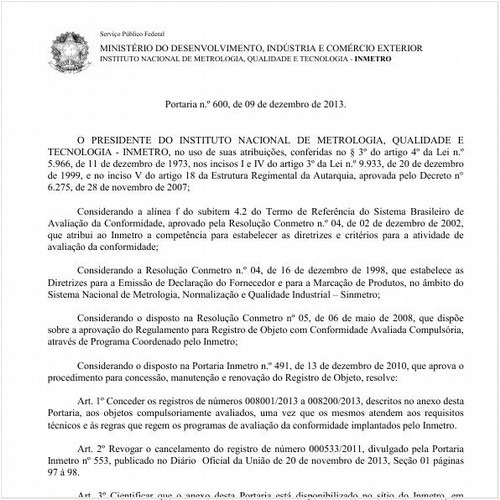 Portaria INMETRO/MDIC 600:2013 - Situação: Em vigor