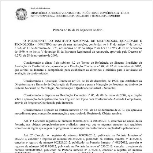 Portaria INMETRO/MDIC 16:2014 - Situação: Em vigor