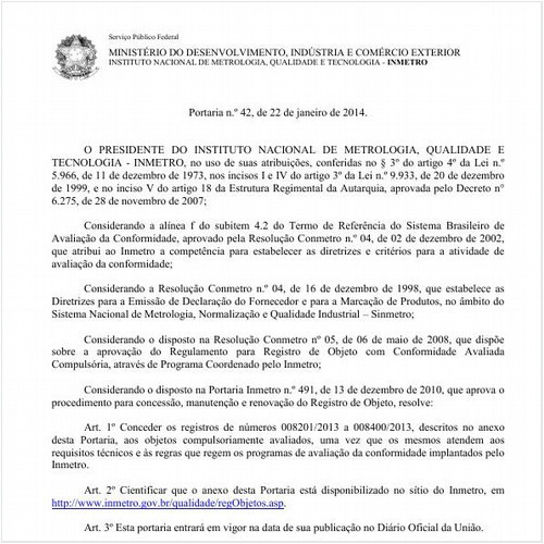 Portaria INMETRO/MDIC 42:2014 - Situação: Em vigor