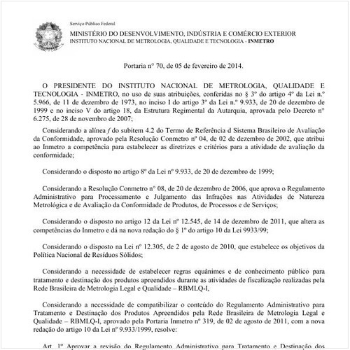 Portaria INMETRO/MDIC 70:2014 - Situação: Revogado