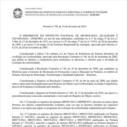 Portaria INMETRO/MDIC 80:2014 - Situação: Em vigor