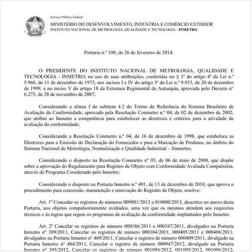 Portaria INMETRO/MDIC 108:2014 - Situação: Em vigor