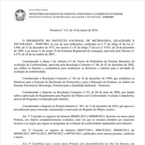 Portaria INMETRO/MDIC 113:2014 - Situação: Em vigor