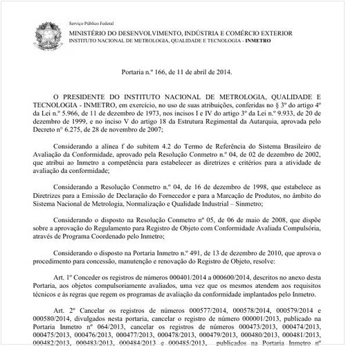 Portaria INMETRO/MDIC 166:2014 - Situação: Em vigor