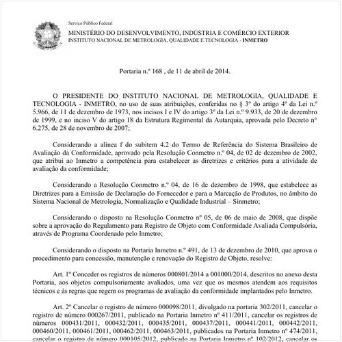 Portaria INMETRO/MDIC 168:2014 - Situação: Em vigor