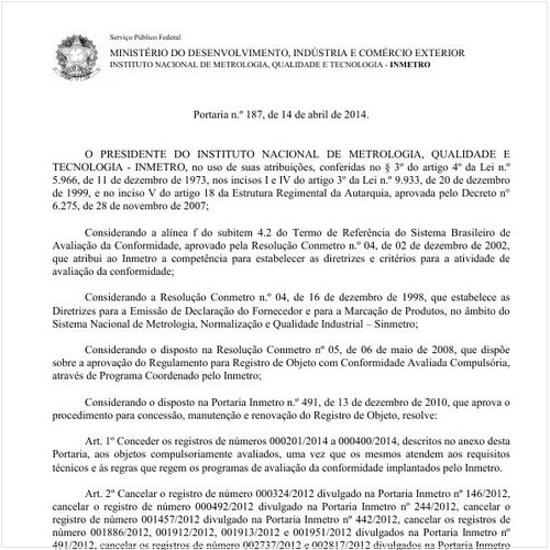 Portaria INMETRO/MDIC 187:2014 - Situação: Em vigor