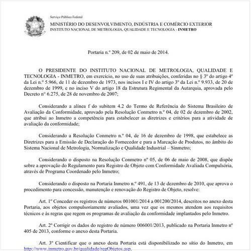 Portaria INMETRO/MDIC 209:2014 - Situação: Em vigor