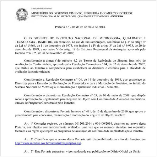 Portaria INMETRO/MDIC 210:2014 - Situação: Em vigor