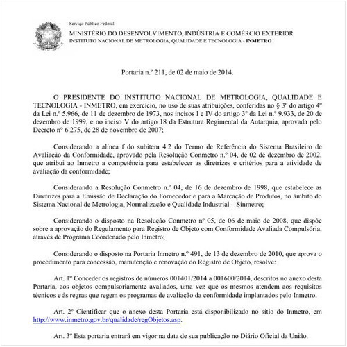 Portaria INMETRO/MDIC 211:2014 - Situação: Em vigor