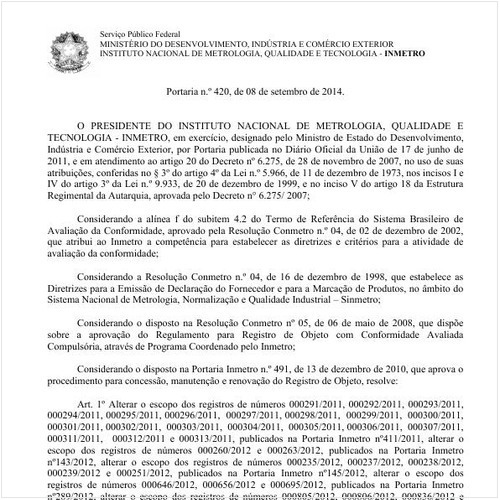 Portaria INMETRO/MDIC 420:2014 - Situação: Em vigor