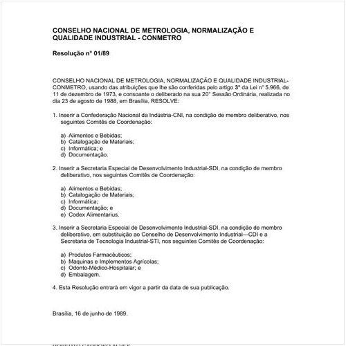 Resolução CONMETRO/MDIC 1:1989 - Situação: Revogado