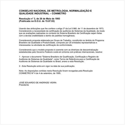 Resolução CONMETRO/MICT 3:1993 - Situação: Revogado
