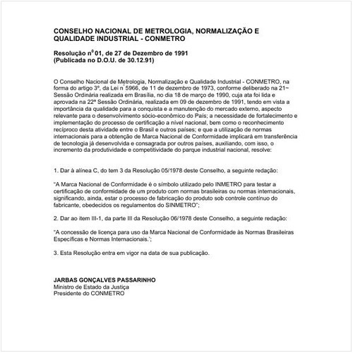 Resolução CONMETRO/MJ 1:1991 - Situação: Revogado