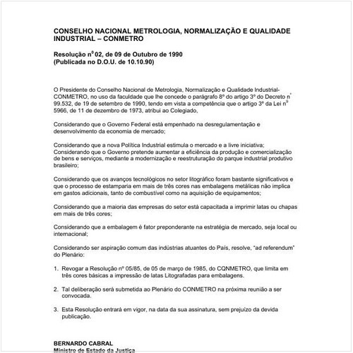 Resolução CONMETRO/MDIC 2:1990 - Situação: Em vigor