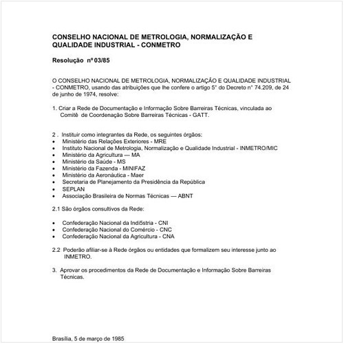 Resolução CONMETRO/MIC 3:1985 - Situação: Em vigor