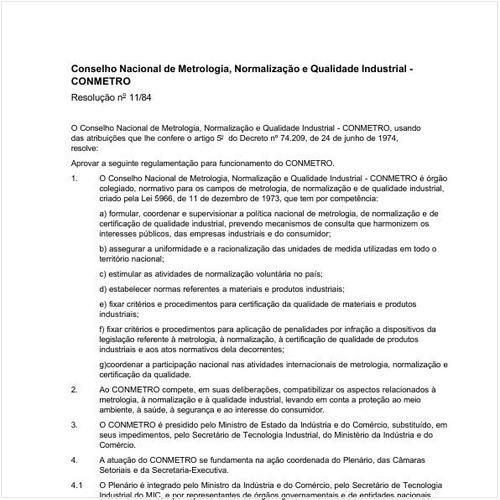 Resolução CONMETRO/CONMETRO 11:1984 - Situação: Em vigor