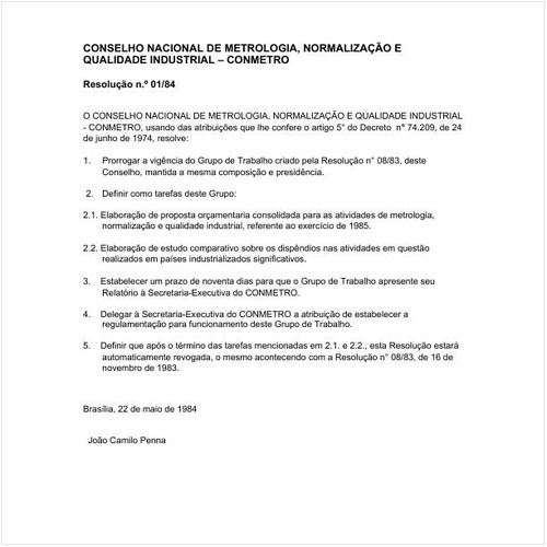 Resolução CONMETRO/MIC 1:1984 - Situação: Revogado