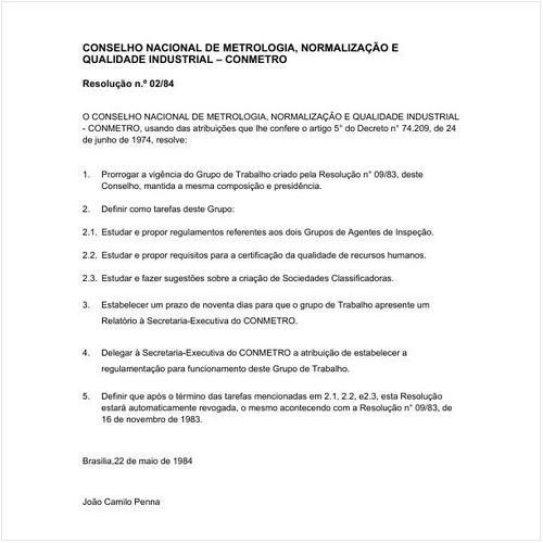 Resolução CONMETRO/MIC 2:1984 - Situação: Revogado