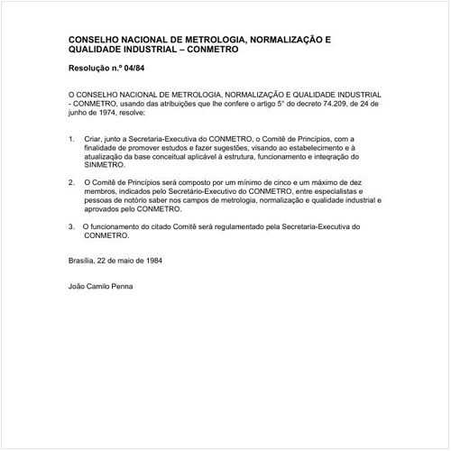 Resolução CONMETRO/MIC 4:1984 - Situação: Revogado