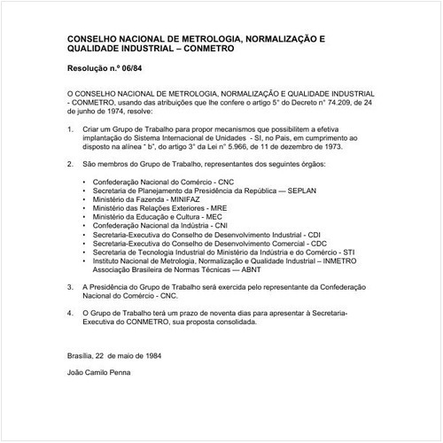 Resolução CONMETRO/MIC 6:1984 - Situação: Revogado