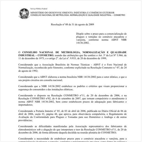 Resolução CONMETRO/MDIC 8:2009 - Situação: Em vigor