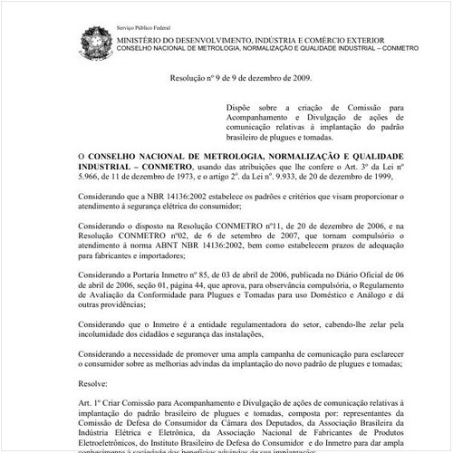 Resolução CONMETRO/MDIC 9:2009 - Situação: Em vigor