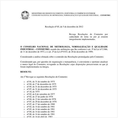 Resolução CONMETRO/MDIC 5:2012 - Situação: Em vigor