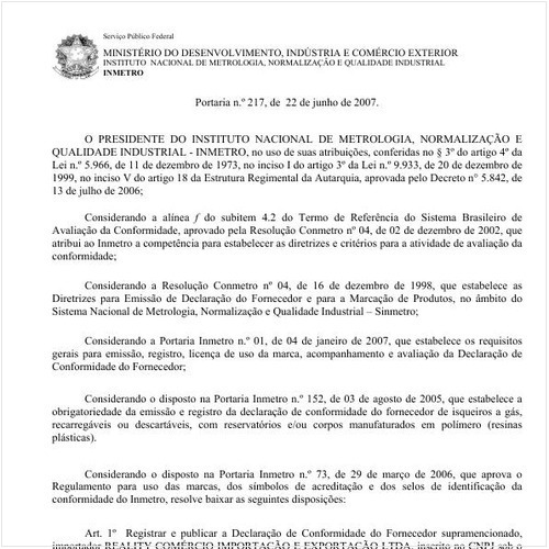 Portaria INMETRO/MDIC 217:2007 - Situação: Revogado