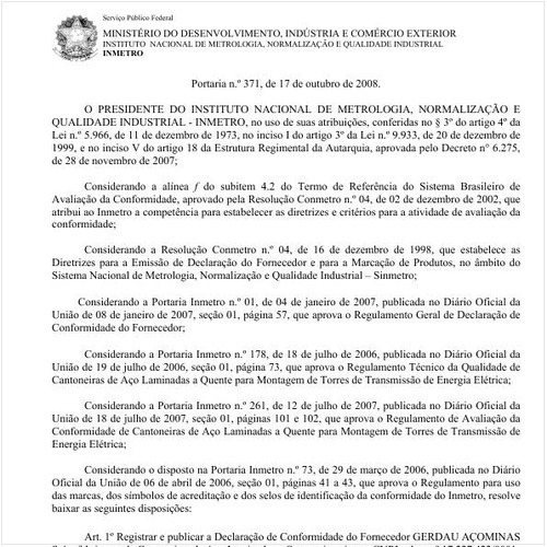 Portaria INMETRO/MDIC 371:2008 - Situação: Revogado