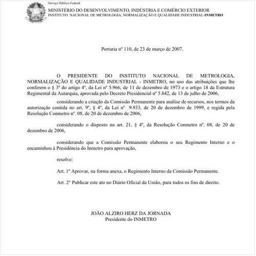 Portaria INMETRO/MDIC 110:2007 - Situação: Em vigor