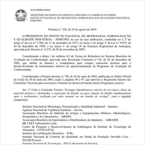 Portaria INMETRO/MDIC 329:2010 - Situação: Revogado