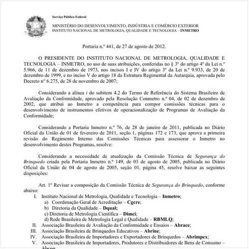 Portaria INMETRO/MDIC 441:2012 - Situação: Revogado