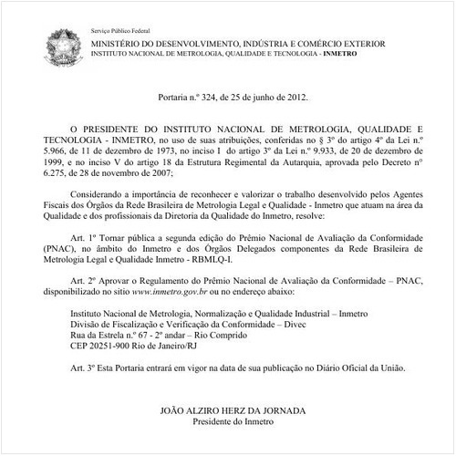 Portaria INMETRO/MDIC 324:2012 - Situação: Revogado