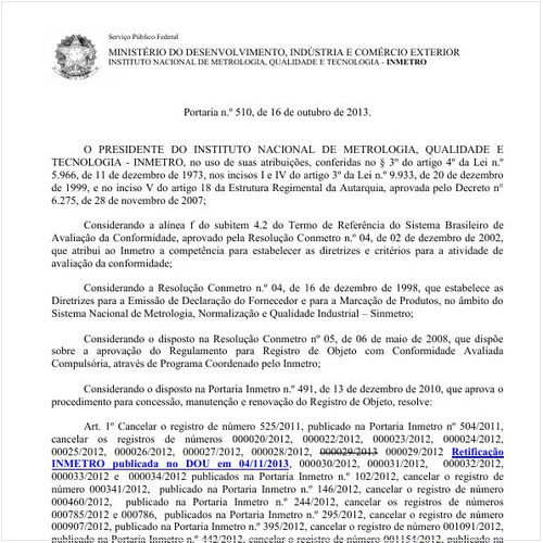 Portaria INMETRO/MDIC 510:2013 - Situação: Retificado