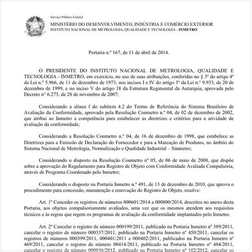 Portaria INMETRO/MDIC 167:2014 - Situação: Retificado