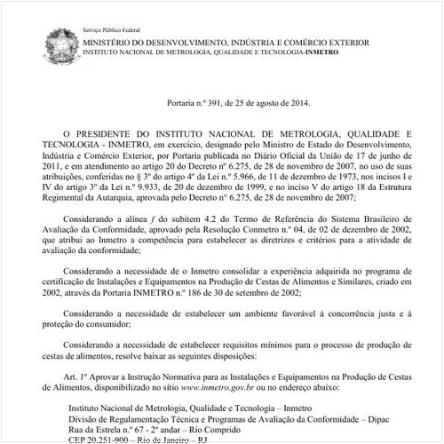 Portaria INMETRO/MDIC 391:2014 - Situação: Aguardando revogação