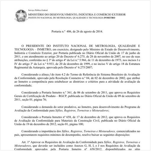 Portaria INMETRO/MDIC 406:2014 - Situação: Em vigor