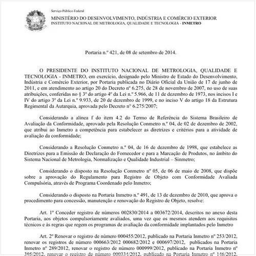 Portaria INMETRO/MDIC 421:2014 - Situação: Em vigor