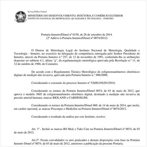 Portaria DIMEL/INMETRO 158:2014 - Situação: Em vigor