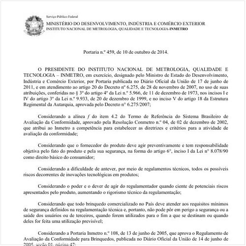 Portaria INMETRO/MDIC 459:2014 - Situação: Aguardando revogação