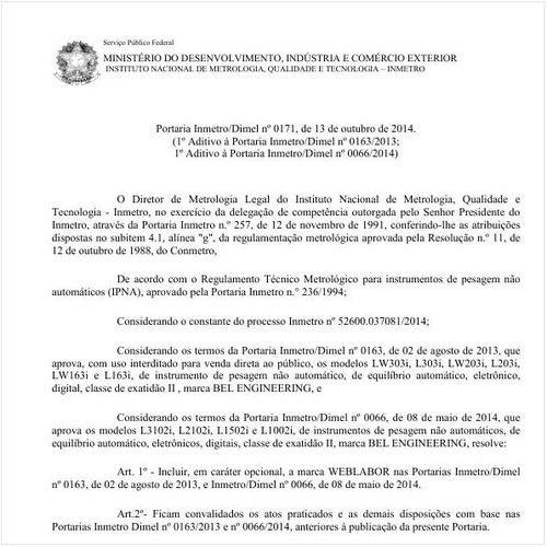Portaria DIMEL/INMETRO 171:2014 - Situação: Em vigor