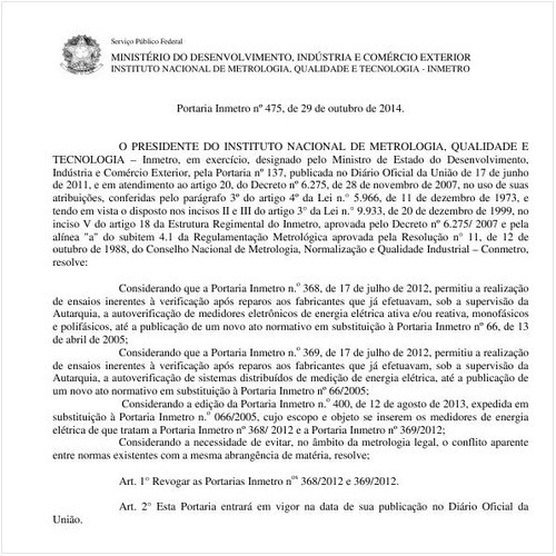 Portaria INMETRO/MDIC 475:2014 - Situação: Em vigor