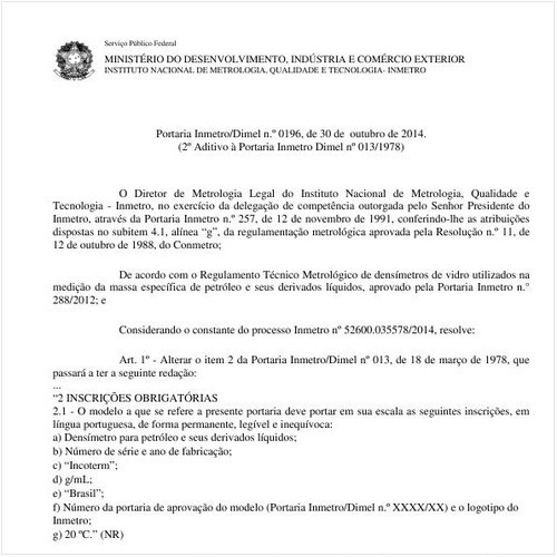 Portaria DIMEL/INMETRO 196:2014 - Situação: Em vigor