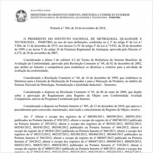 Portaria INMETRO/MDIC 504:2014 - Situação: Em vigor