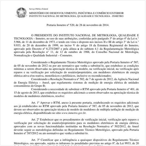 Portaria INMETRO/MDIC 520:2014 - Situação: Aguardando revogação