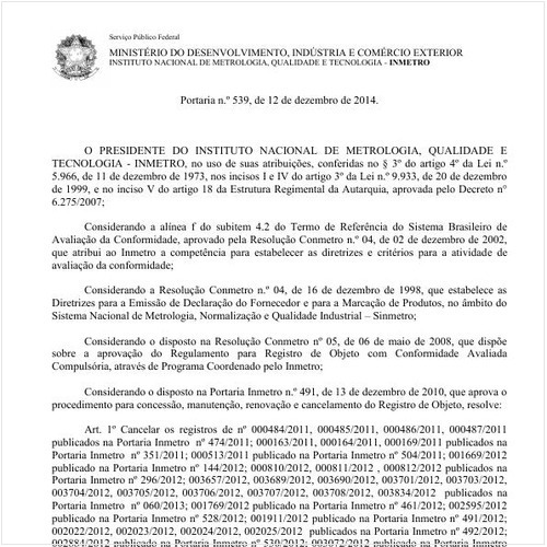 Portaria INMETRO/MDIC 539:2014 - Situação: Em vigor