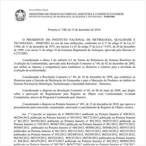 Portaria INMETRO/MDIC 540:2014 - Situação: Em vigor