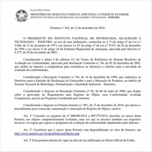 Portaria INMETRO/MDIC 542:2014 - Situação: Em vigor