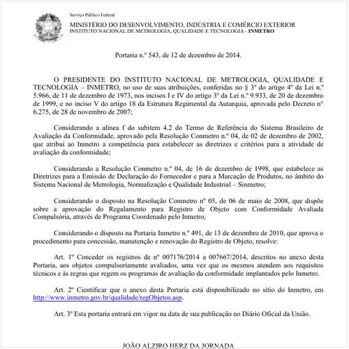 Portaria INMETRO/MDIC 543:2014 - Situação: Em vigor