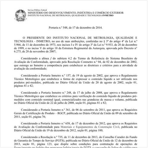 Portaria INMETRO/MDIC 548:2014 - Situação: Em vigor